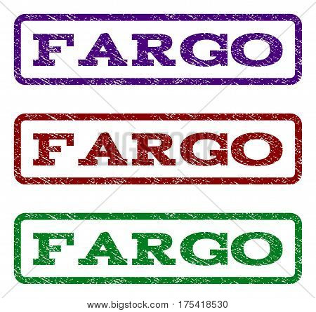 Fargo watermark stamp. Text caption inside rounded rectangle frame with grunge design style. Vector variants are indigo blue, red, green ink colors. Rubber seal stamp with unclean texture.