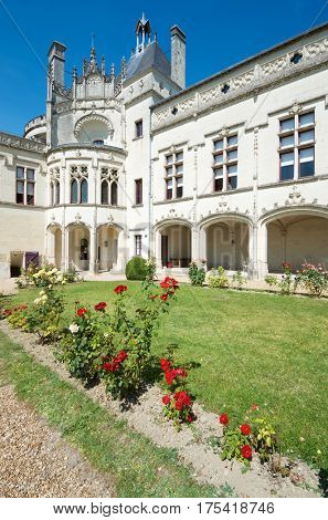 Castle courtyard Breze, Loire Valley, France. Built between the 11th and 19th centuries, it houses an extraordinary subterranean complex, a castle in a castle.