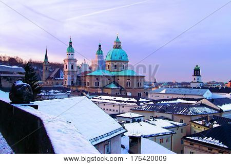 Seventeenth-century Baroque cathedral of the Roman Catholic Archdiocese of Salzburg in the city of Salzburg, Austria, dedicated to Saint Rupert and Saint Vergilius, in the evening