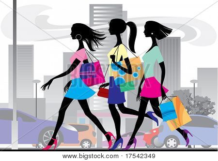 与三个购物女孩矢量插画