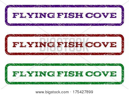 Flying Fish Cove watermark stamp. Text tag inside rounded rectangle frame with grunge design style. Vector variants are indigo blue, red, green ink colors. Rubber seal stamp with scratched texture.