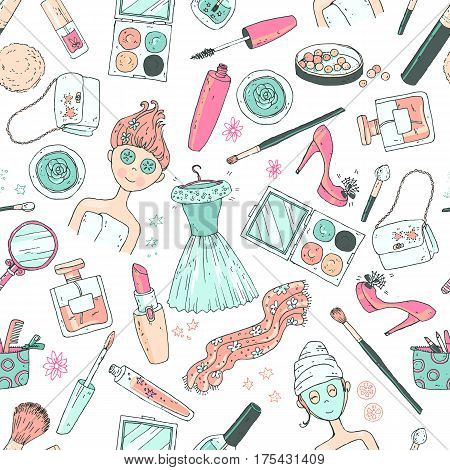 Hand darwn vector seamless pattern time for a date . Cosmetic tools and products, perfume, lipstick, powder, blush, eye shadow, lip gloss, nail polish shoes, dress, girl with the face care mask.