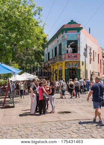 Buenos Aires Argentina - November 5 2016: Tourist and market in strreet of Caminito in District Boca of Buenos Aires