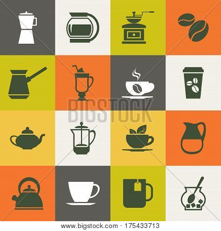 Multicolor coffee vector icons set. Illustration of label with hot beverage