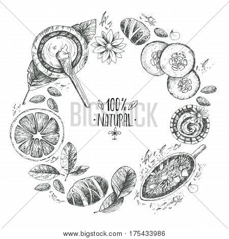 Hand drawn vector round wreath background, organic cosmetics, spa. Natural herbal products, citrus, cucumber, zucchini, flower petals, chamomile, almond Vintage engraving sketchy style