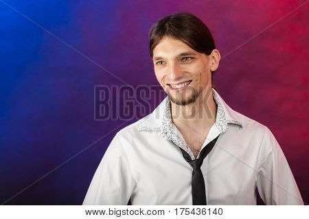 Masculinity fashion party concept. Man in shirt and tie. Young long haired male on bright colorful background.
