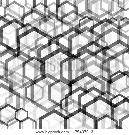 Geometric pattern with hexagons is pictured with black and white tones in the honeycomb.