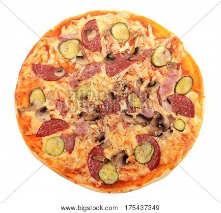 Mixed pizza from top on white background