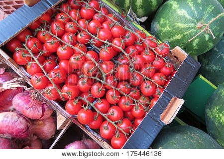 A box of red tomatoes at the market in Bar-city, Montenegro
