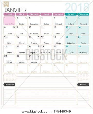 January 2018, French printable monthly calendar template, including name days, lunar phases and official holidays.