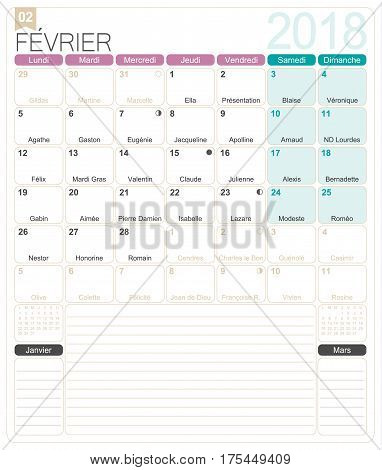 February 2018, French printable monthly calendar template, including name days, lunar phases and official holidays.