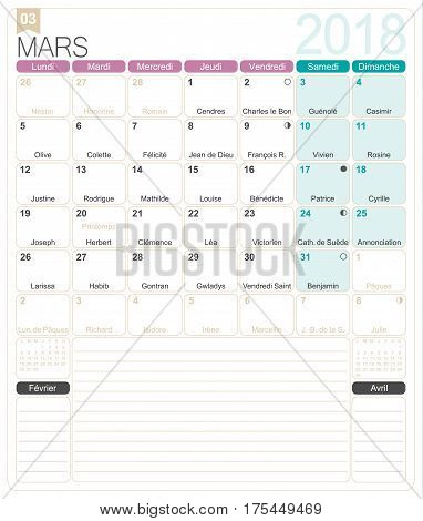 March 2018, French printable monthly calendar template, including name days, lunar phases and official holidays.