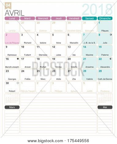 April 2018, French printable monthly calendar template, including name days, lunar phases and official holidays.