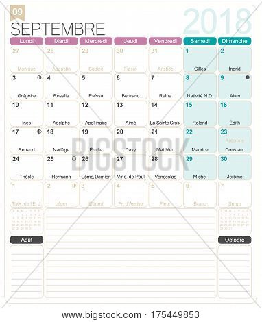 September 2018, French printable monthly calendar template, including name days, lunar phases and official holidays.