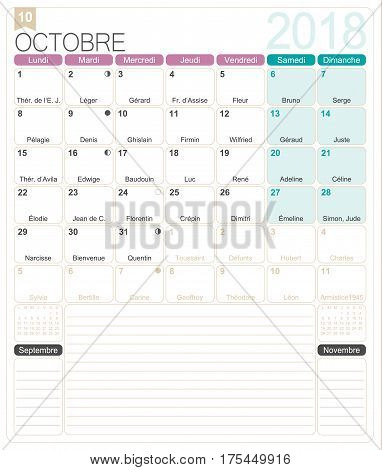 October 2018, French printable monthly calendar template, including name days, lunar phases and official holidays.