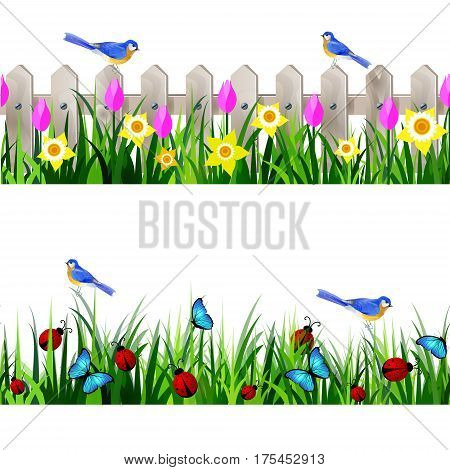 Green Grass and white wooden fance seamless isolated clip art vector on white with rose tulips and yellow daffodils and bluebirds set