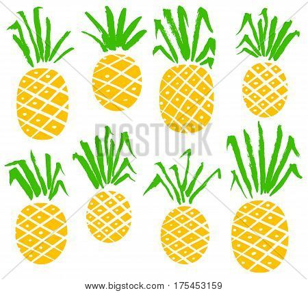 Set with pineapples. Vector isolated fruits with hand drawn ink leaves. Vegetarian fresh food collection with pineapple.