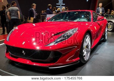 GENEVA SWITZERLAND - MARCH 7 2017: New Ferrari 812 Superfast sports car presented at the 87th Geneva International Motor Show.