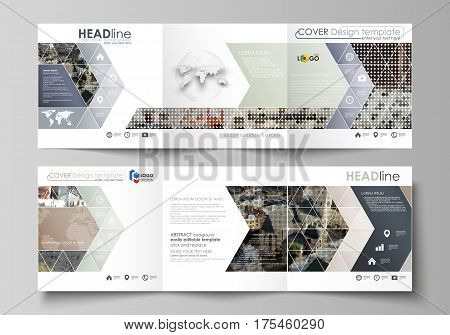 Set of business templates for tri fold square design brochures. Leaflet cover, abstract flat layout, easy editable vector. Colorful background made of dotted texture for travel business, urban cityscape