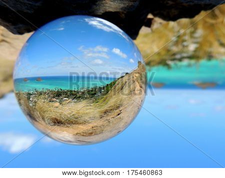 Lanikai Beach shot through a glass ball