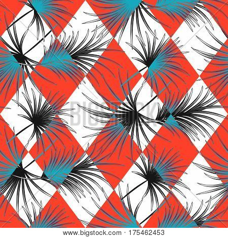 Palm leaves and red harlequin rhombs seamless vector pattern on white background. Tropical jungle nature leaf.