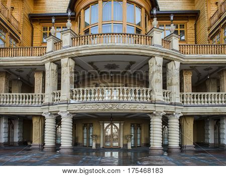 Kiev Ukraine - February 19 2017: Wooden Palace of Viktor Janoekovytsj in Kiev at the Dnjepr in the Ukraine.