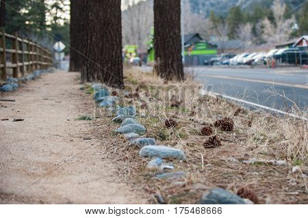 Landscape view of stone lined walking path in Wrightwood, California.