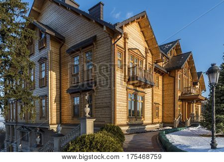 Kiev Ukraine - February 19 2017: Wooden Palace of Viktor Janoekovytsj in Kiev at the Dnjepr in the Ukraine.