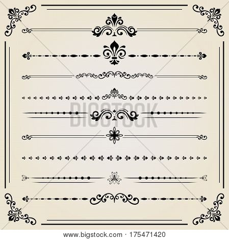 Vintage set of vector black decorative elements. Horizontal separators in the frame. Collection of different ornaments. Classic pattern. Set of vintage patterns