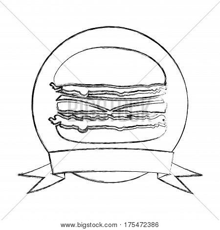 monochrome sketch of circular frame with ribbon and burger vector illustration