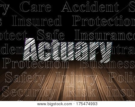 Insurance concept: Glowing text Actuary in grunge dark room with Wooden Floor, black background with  Tag Cloud