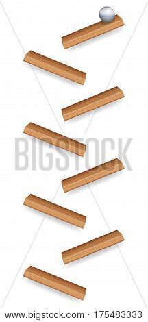 Simple marble run with iron ball and wooden pieces - childrens toy to realize earths gravity or just for fun. Isolated vector illustration on white background.