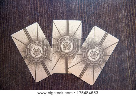 Moscow Russia - January 29 2017: Tarot cards on the wood. Labirinth tarot deck. Esoteric background