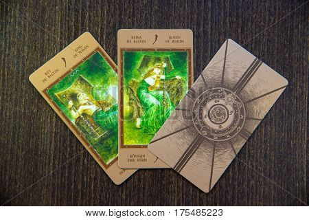 Moscow Russia - January 29 2017: Tarot cards on the wood. Labirinth tarot deck. Esoteric background