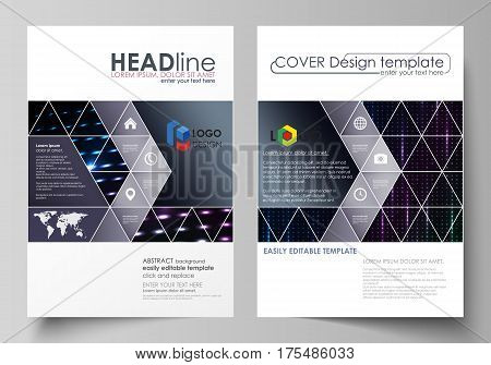Business templates for brochure, magazine, flyer, booklet or annual report. Cover design template, easy editable vector, abstract flat layout in A4 size. Abstract colorful neon dots, dotted technology background. Glowing particles, led light pattern, futu