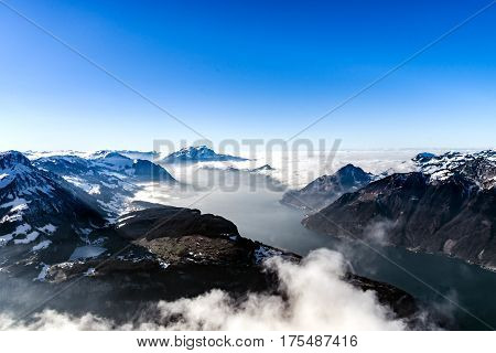 Panoramic Aerial View To Luzern Lake From High Peak
