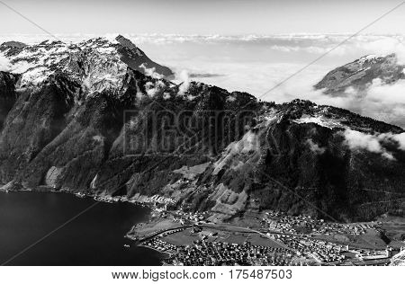 Panoramic Aerial View To Luzern Lake From High Peak