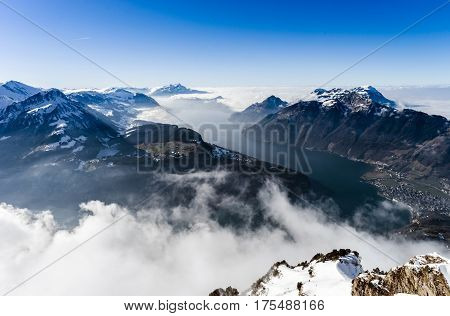 Panoramic Aerial View To Luzern Lake From High Peak