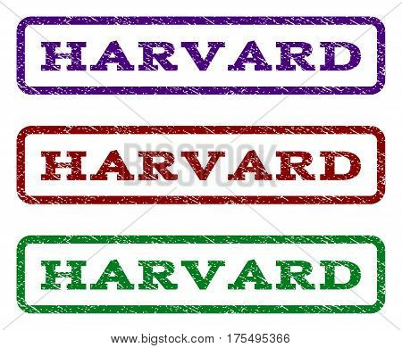Harvard watermark stamp. Text caption inside rounded rectangle with grunge design style. Vector variants are indigo blue, red, green ink colors. Rubber seal stamp with dirty texture.