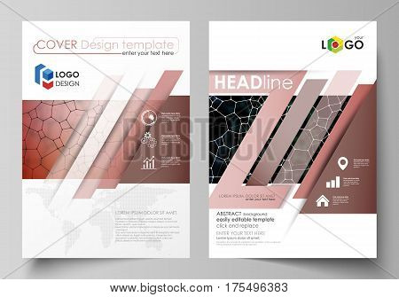 Business templates for brochure, magazine, flyer, booklet or annual report. Cover design template, easy editable vector, abstract flat layout in A4 size. Chemistry pattern, molecular texture, polygonal molecule structure, cell. Medicine, science, microbio