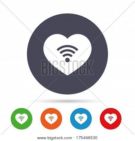 Love Wifi sign. Wi-fi symbol. Wireless Network icon. Wifi zone. Round colourful buttons with flat icons. Vector