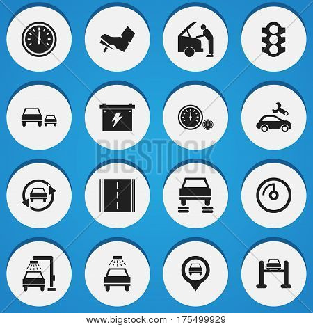 Set Of 16 Editable Car Icons. Includes Symbols Such As Vehicle Wash, Treadle, Speed Control And More. Can Be Used For Web, Mobile, UI And Infographic Design.