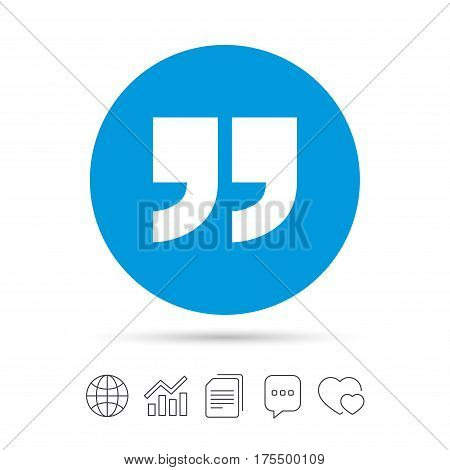 Quote sign icon. Quotation mark symbol. Double quotes at the end of words. Copy files, chat speech bubble and chart web icons. Vector