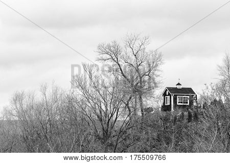 Small modest hut on top of a high hill surrounded by winter bare forest rustic scene in black and white