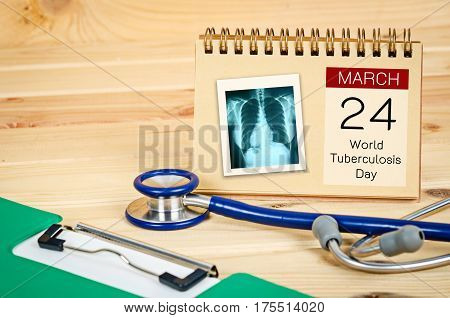 World Tuberculosis Day and x ray of pulmonary lung disease lung with stethoscope medical and document file.