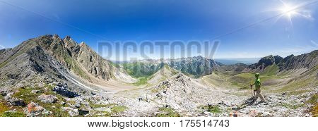 Spherical Panorama 360 To 180 The Man Stands On Top In The Mountains