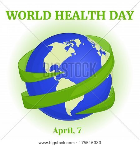 World Health Day background with green ribbon around globe in simple cartoon style. Vector illustration for you design, card, banner, poster, calendar or placard template. April 7. Holiday Collection.