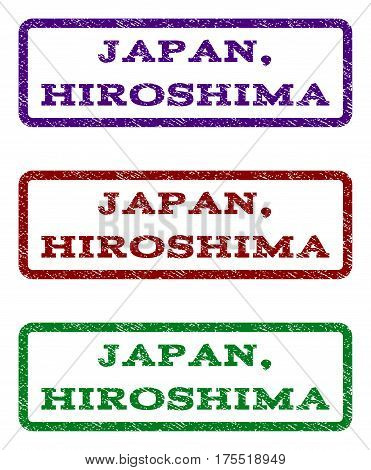 Japan, Hiroshima watermark stamp. Text tag inside rounded rectangle with grunge design style. Vector variants are indigo blue, red, green ink colors. Rubber seal stamp with dust texture.