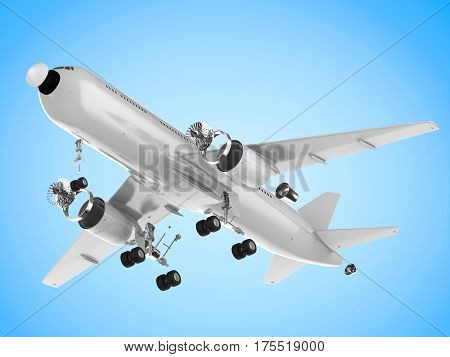 3d rendering white airplane split off machine parts on white background
