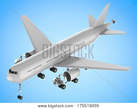3d rendering white airplane split off machine parts on white background